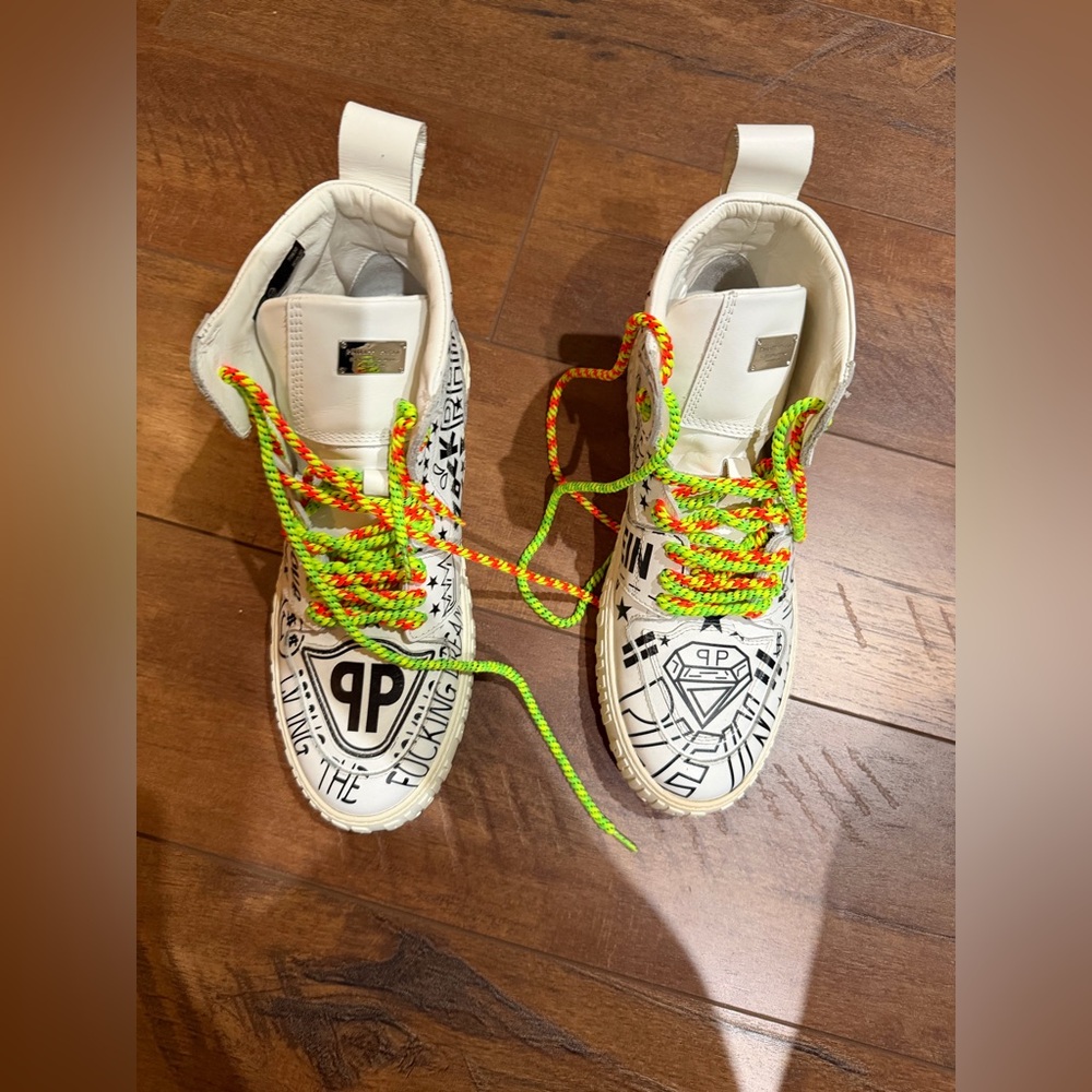 Philipp Plein White Sneakers with Neon Green and Yellow Laces